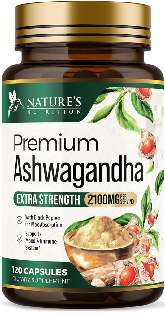 Herbal Ashwagandha Supplement 1950mg - Extra Strength with BioPerine - Natural Focus & Energy Support - Non-GMO, Vegan, Gluten Free - 120 Capsules