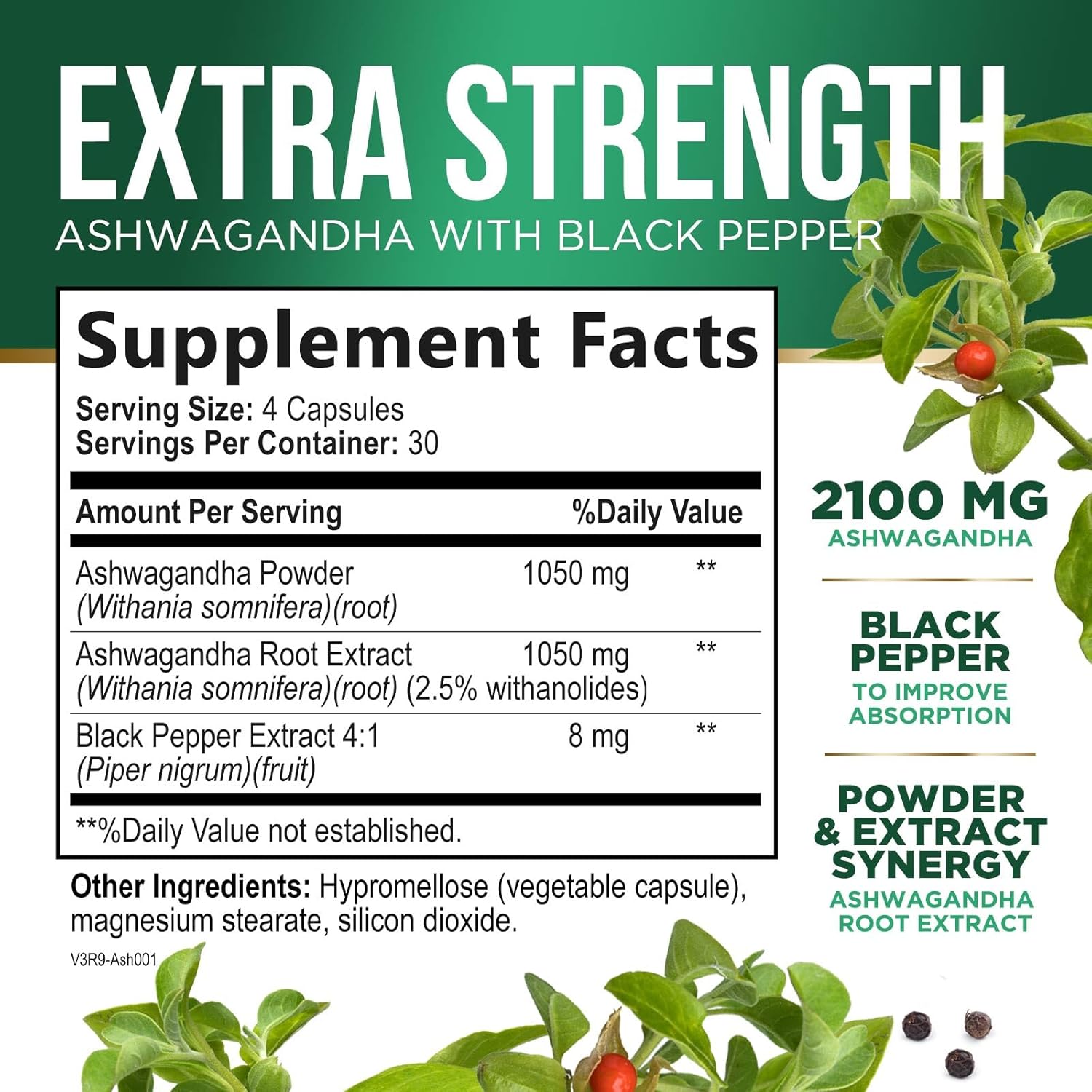 Herbal Ashwagandha Supplement 1950mg - Extra Strength with BioPerine - Natural Focus & Energy Support - Non-GMO, Vegan, Gluten Free - 120 Capsules