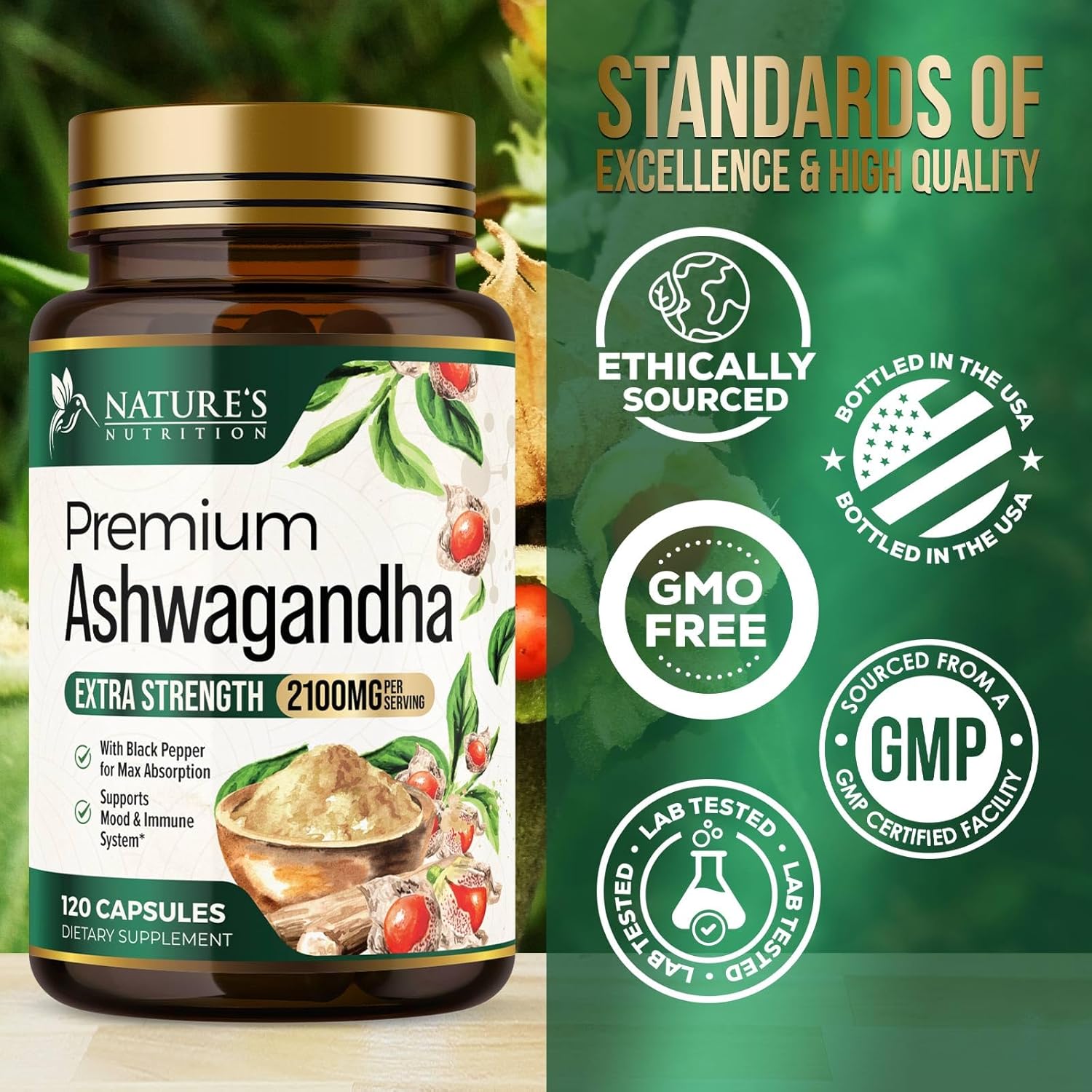 Herbal Ashwagandha Supplement 1950mg - Extra Strength with BioPerine - Natural Focus & Energy Support - Non-GMO, Vegan, Gluten Free - 120 Capsules