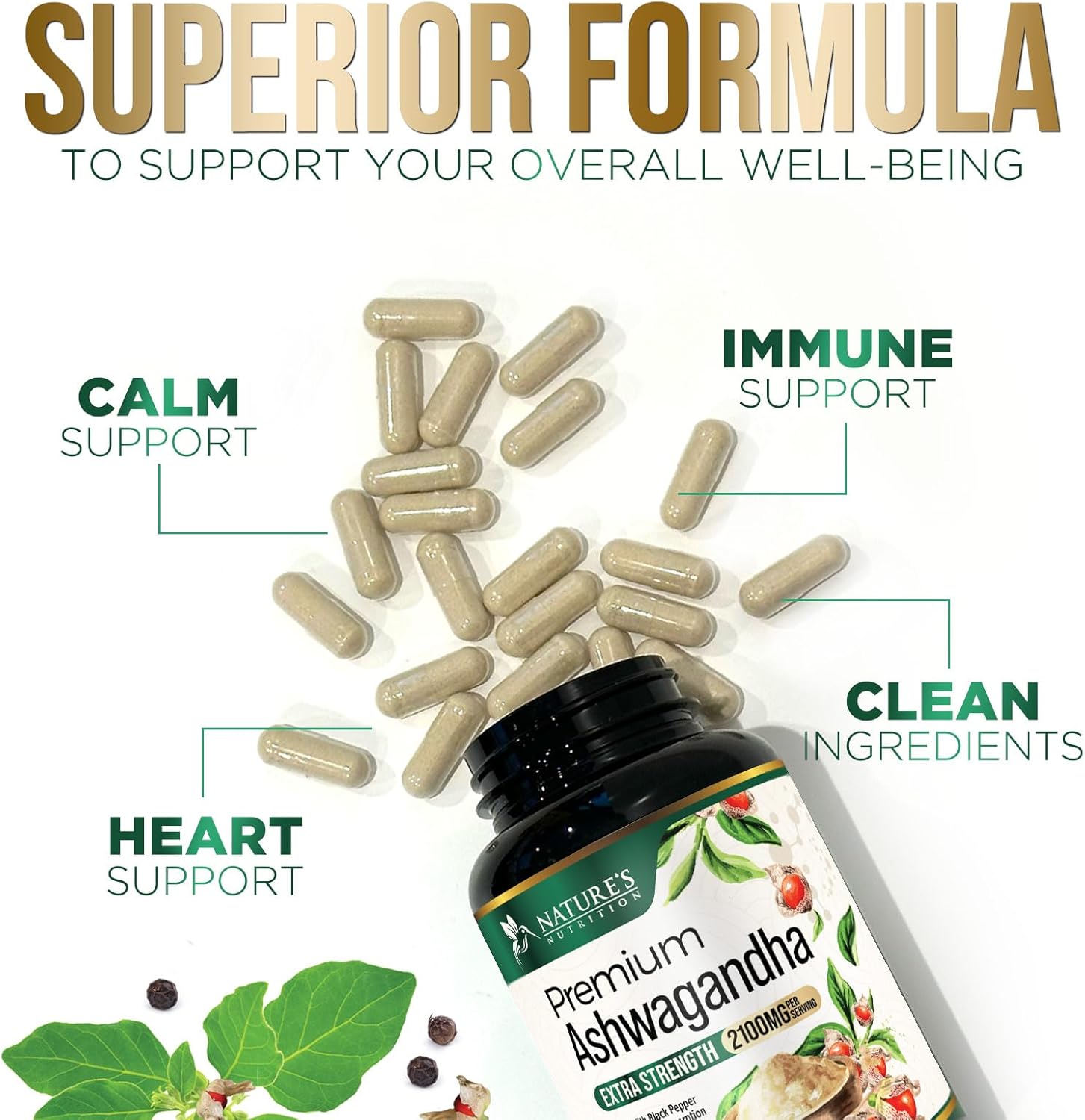 Herbal Ashwagandha Supplement 1950mg - Extra Strength with BioPerine - Natural Focus & Energy Support - Non-GMO, Vegan, Gluten Free - 120 Capsules