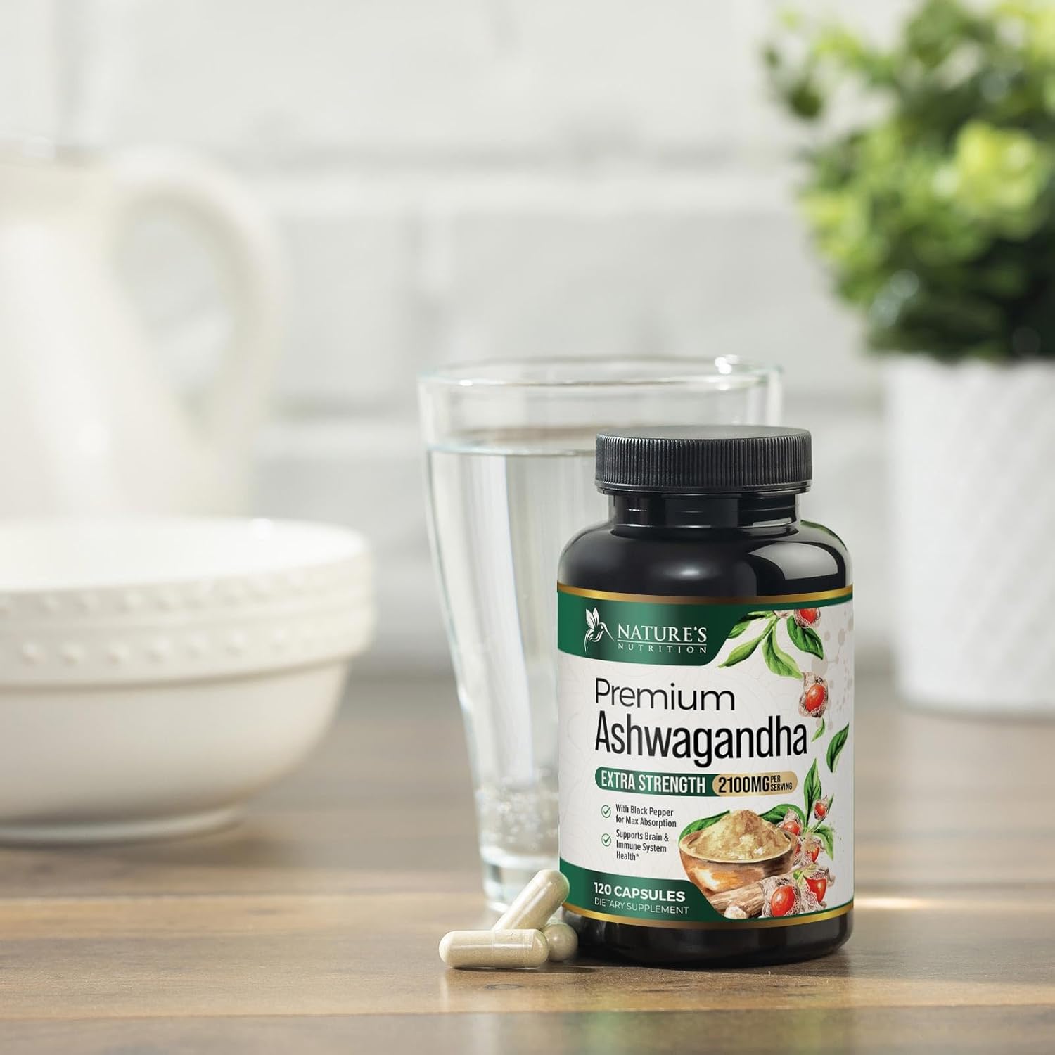 Herbal Ashwagandha Supplement 1950mg - Extra Strength with BioPerine - Natural Focus & Energy Support - Non-GMO, Vegan, Gluten Free - 120 Capsules