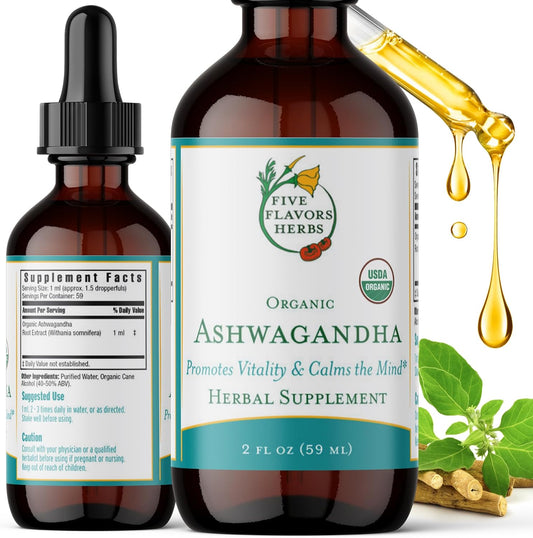 Herbal Ashwagandha Tincture with Five Flavors - Boosts Vitality, Calms Mind, Immune Support - 2 Fl Oz