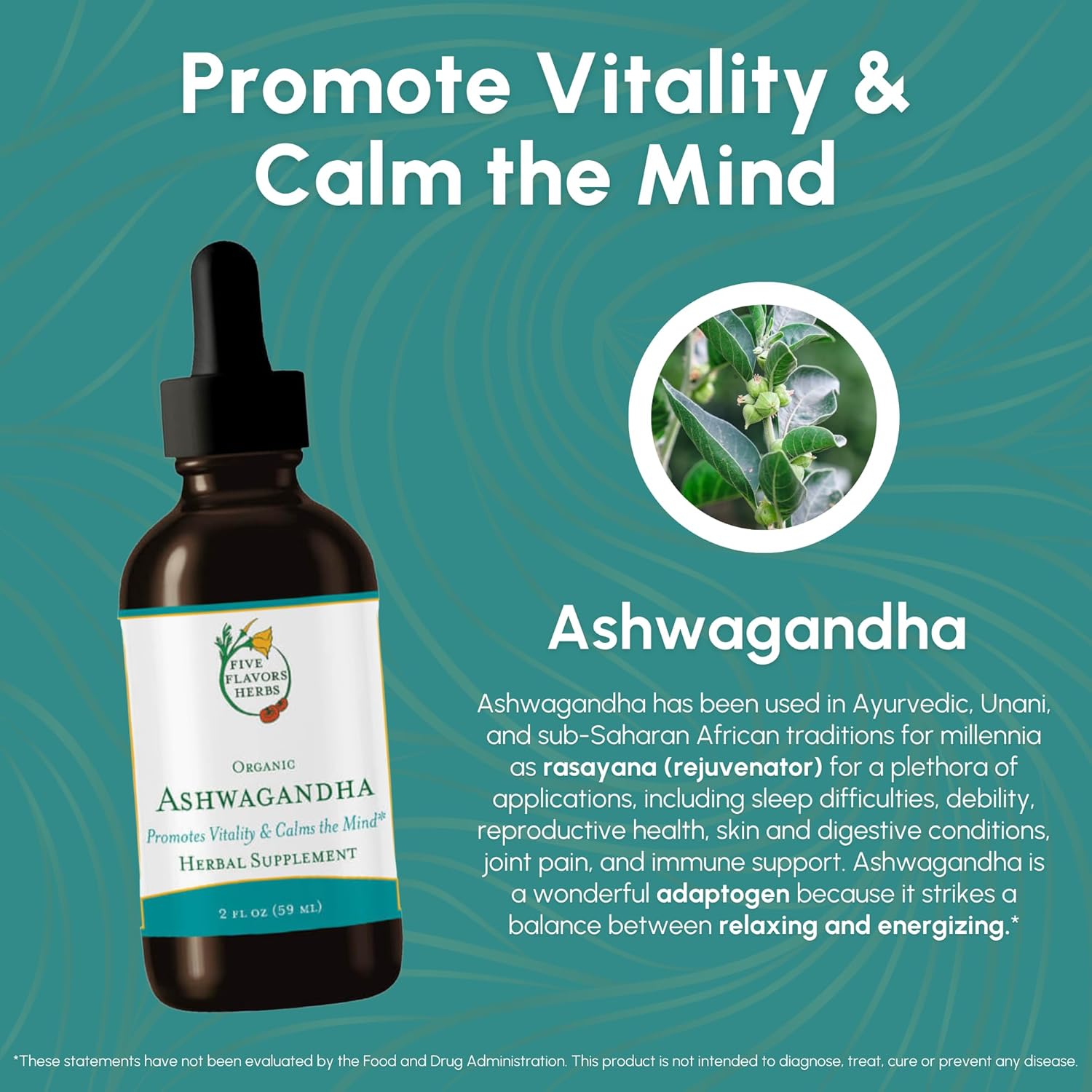 Herbal Ashwagandha Tincture with Five Flavors - Boosts Vitality, Calms Mind, Immune Support - 2 Fl Oz