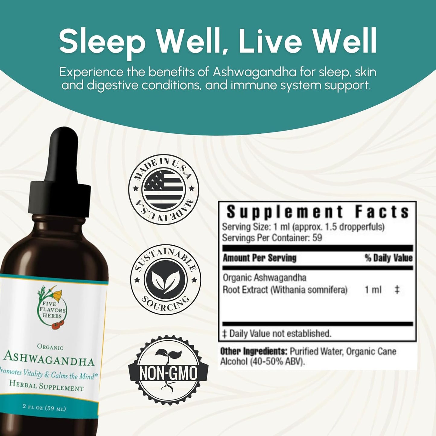 Herbal Ashwagandha Tincture with Five Flavors - Boosts Vitality, Calms Mind, Immune Support - 2 Fl Oz