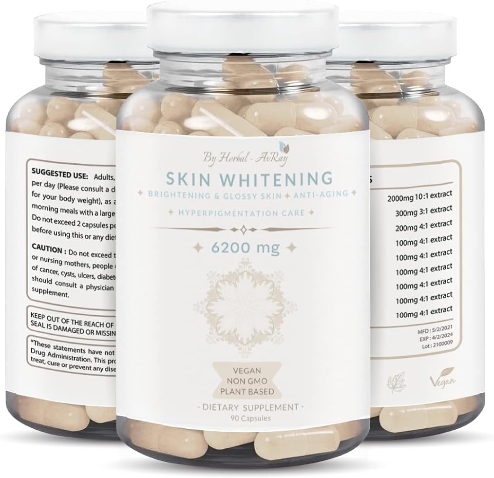 Herbal-avRay Glutathione Skin Whitening Pills with Collagen - Natural Lightening Supplement for Acne Scars & Dark Spots, Anti-Aging Antioxidants - 90 Vegan Capsules