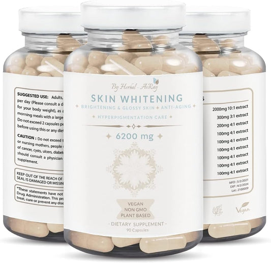 Herbal-avRay Glutathione Skin Whitening Pills with Collagen - Natural Lightening Supplement for Acne Scars & Dark Spots, Anti-Aging Antioxidants - 90 Vegan Capsules