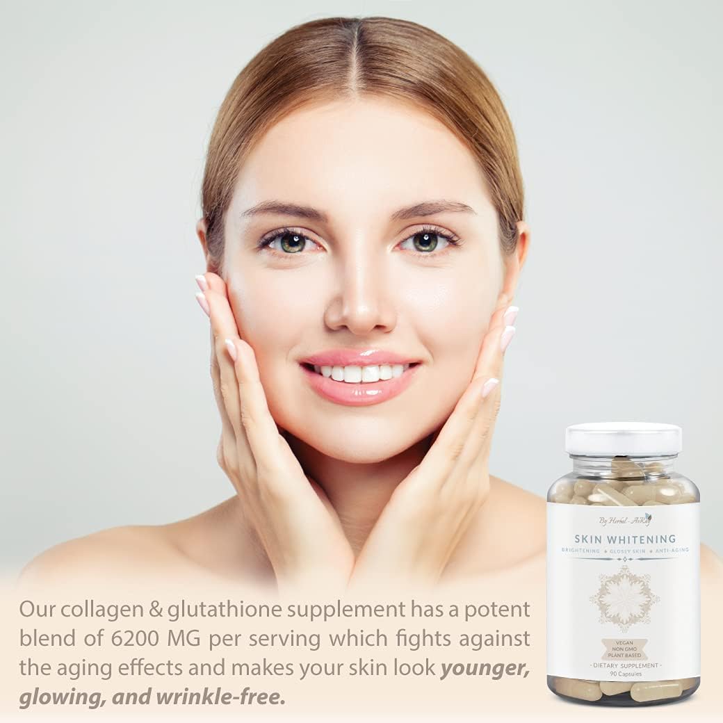 Herbal-avRay Glutathione Skin Whitening Pills with Collagen - Natural Lightening Supplement for Acne Scars & Dark Spots, Anti-Aging Antioxidants - 90 Vegan Capsules
