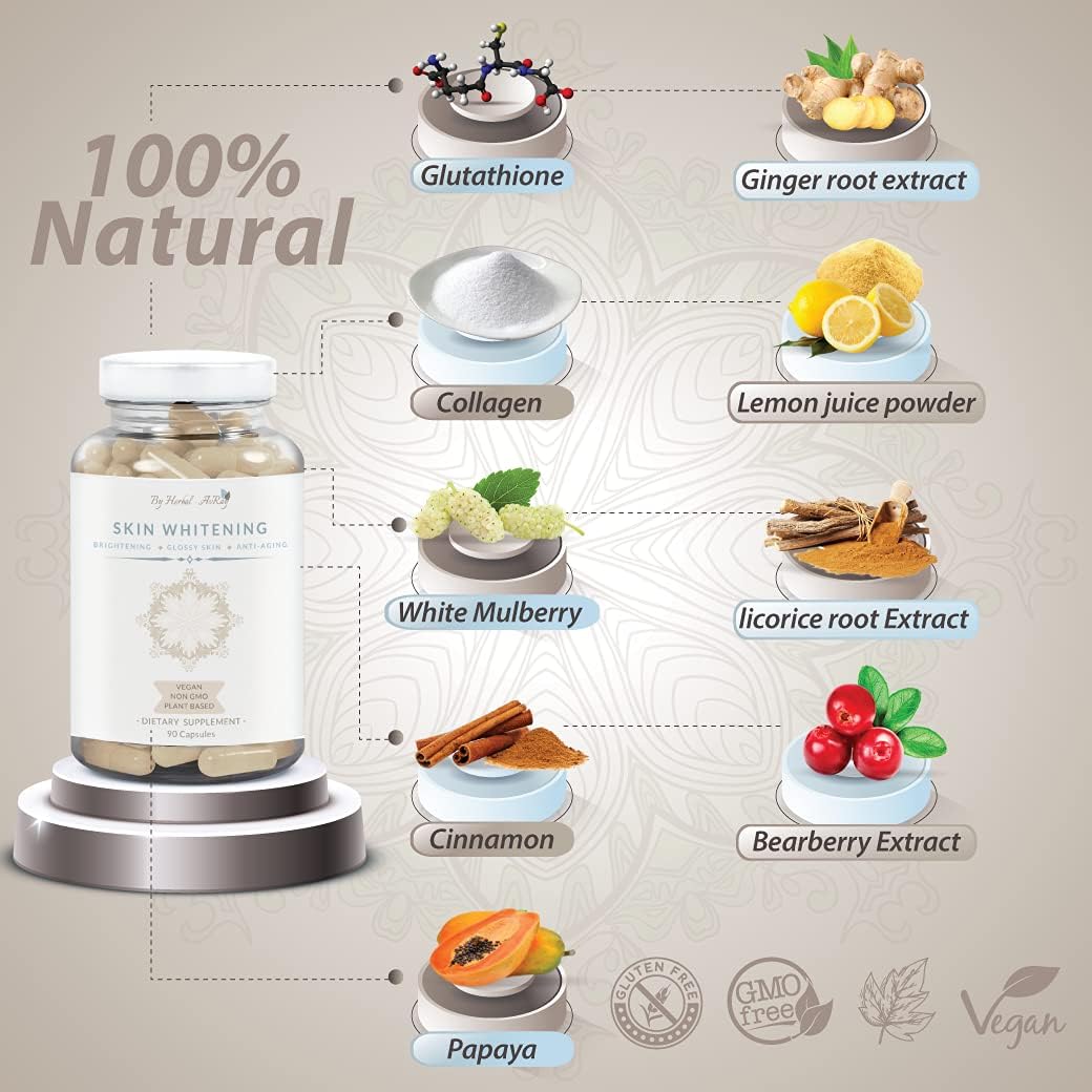 Herbal-avRay Glutathione Skin Whitening Pills with Collagen - Natural Lightening Supplement for Acne Scars & Dark Spots, Anti-Aging Antioxidants - 90 Vegan Capsules
