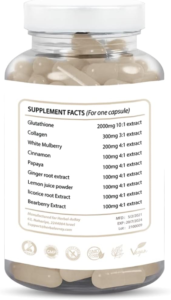 Herbal-avRay Glutathione Skin Whitening Pills with Collagen - Natural Lightening Supplement for Acne Scars & Dark Spots, Anti-Aging Antioxidants - 90 Vegan Capsules