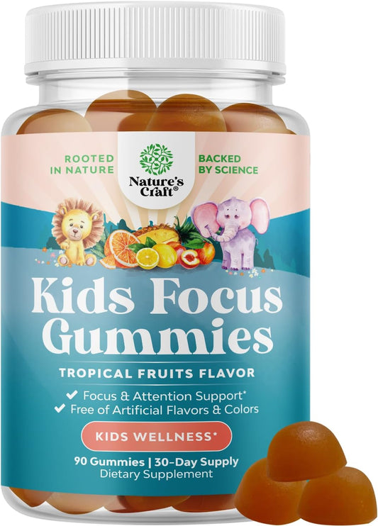 Herbal Brain Support Gummies for Kids - Nootropic Memory & Focus Supplement with Green Tea Extract, B6 & B12 Vitamins - 90 Count