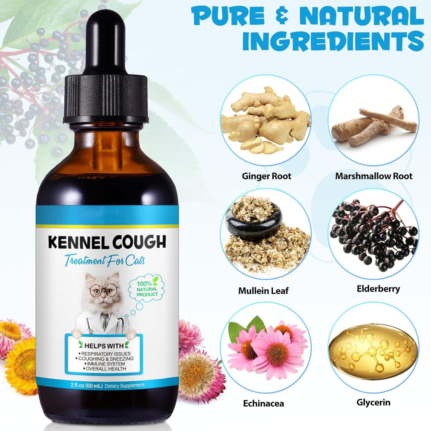 Herbal Drops for Cats with Kennel Cough Relief - Chicken Flavor, 2 Fl oz - Pet Health Supplies for Cat Cough Care