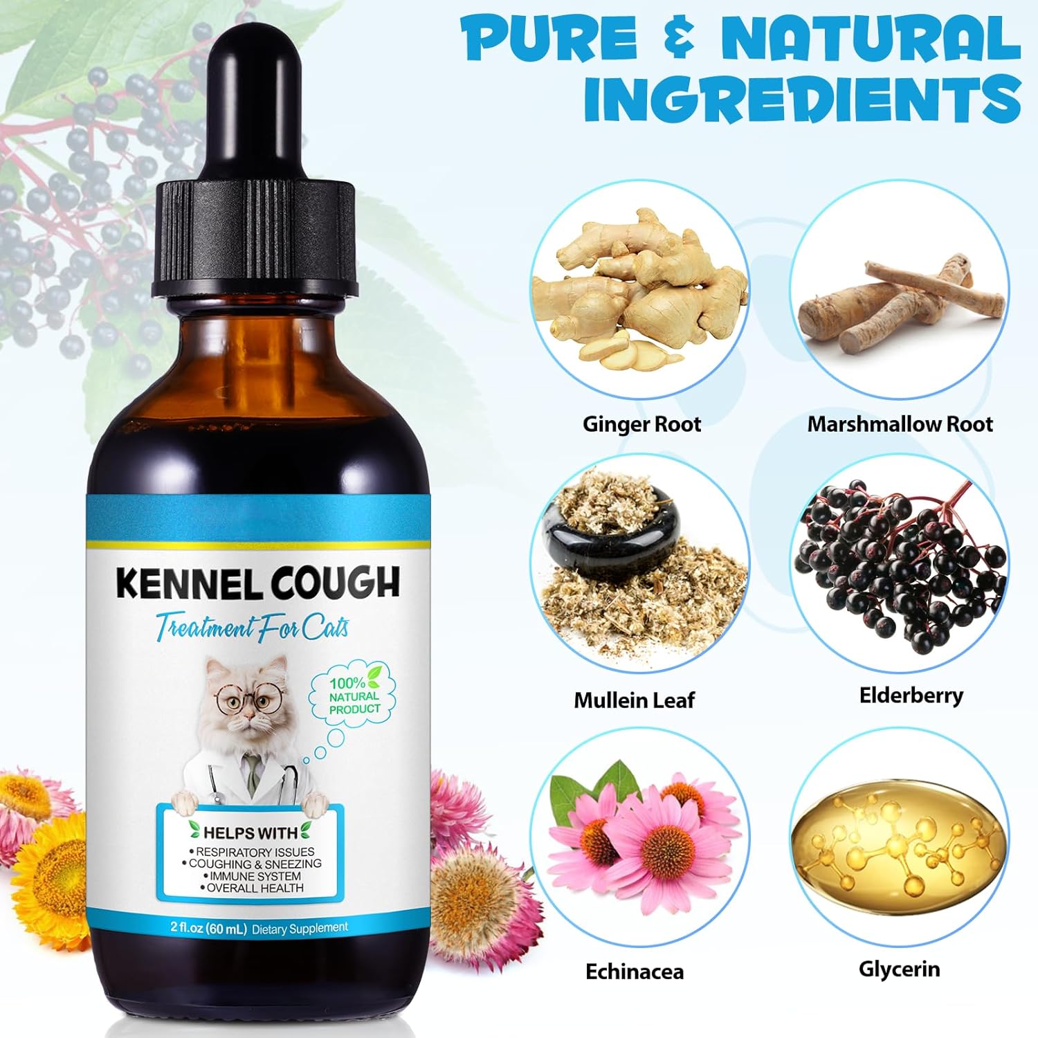 Herbal Drops for Cats with Kennel Cough Relief - Chicken Flavor, 2 Fl oz - Pet Health Supplies for Cat Cough Care