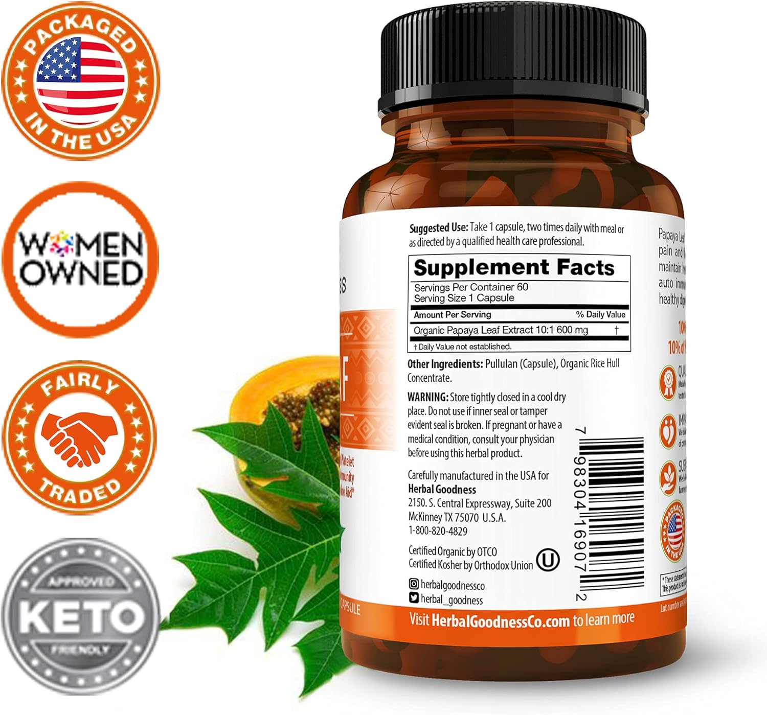 Herbal Goodness Papaya Leaf Extract Digestive Enzymes - 10X Strength 60/600mg Veg Capsules for Blood Platelet, Bone Marrow & Spleen Support - Immune Gut & Digestive Health Supplement - USA Made