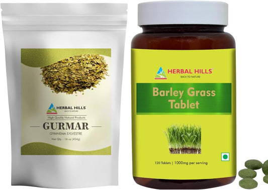 Herbal Hills Gurmar Tea Powder and Barley Grass Tablets Combo Pack - Set of 2