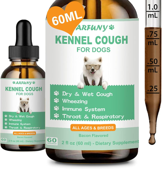 Herbal Kennel Cough Drops for Dogs - 60ML Natural Supplement - Treats Dry, Wet & Barky Cough - Bacon Flavor - All Breeds & Sizes