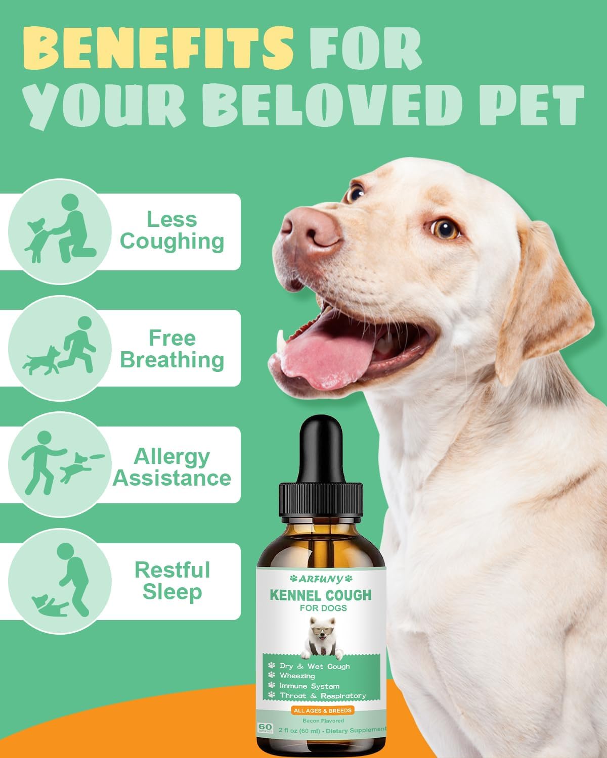 Herbal Kennel Cough Drops for Dogs - 60ML Natural Supplement - Treats Dry, Wet & Barky Cough - Bacon Flavor - All Breeds & Sizes