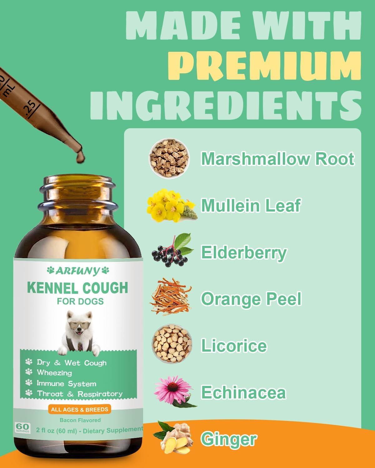 Herbal Kennel Cough Drops for Dogs - 60ML Natural Supplement - Treats Dry, Wet & Barky Cough - Bacon Flavor - All Breeds & Sizes