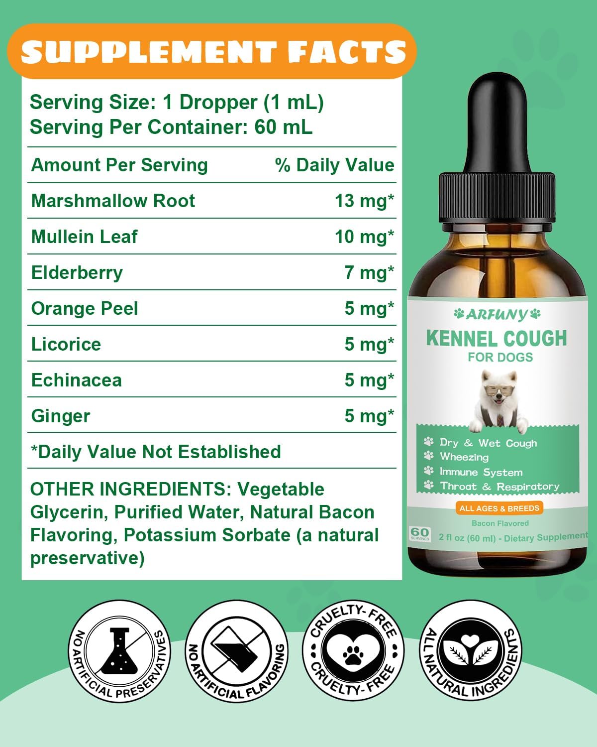Herbal Kennel Cough Drops for Dogs - 60ML Natural Supplement - Treats Dry, Wet & Barky Cough - Bacon Flavor - All Breeds & Sizes