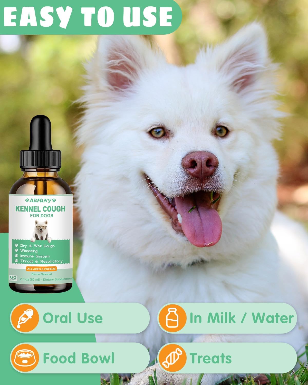 Herbal Kennel Cough Drops for Dogs - 60ML Natural Supplement - Treats Dry, Wet & Barky Cough - Bacon Flavor - All Breeds & Sizes