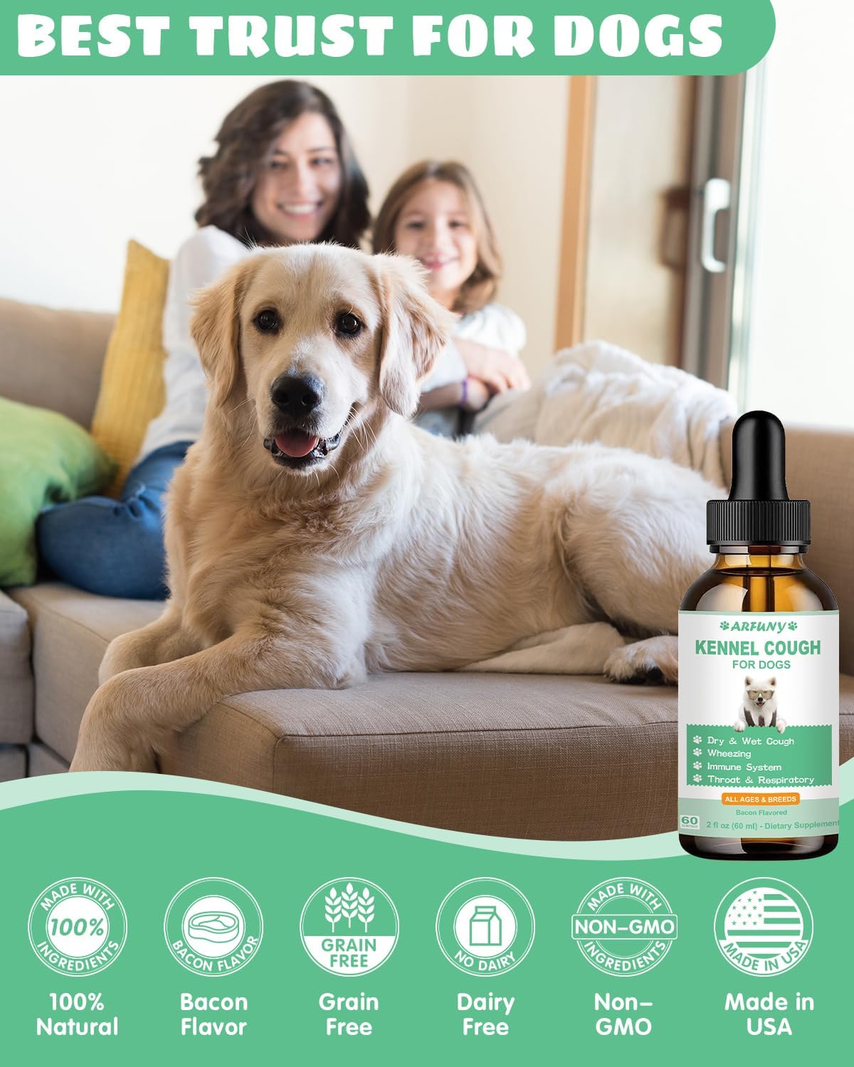 Herbal Kennel Cough Drops for Dogs - 60ML Natural Supplement - Treats Dry, Wet & Barky Cough - Bacon Flavor - All Breeds & Sizes