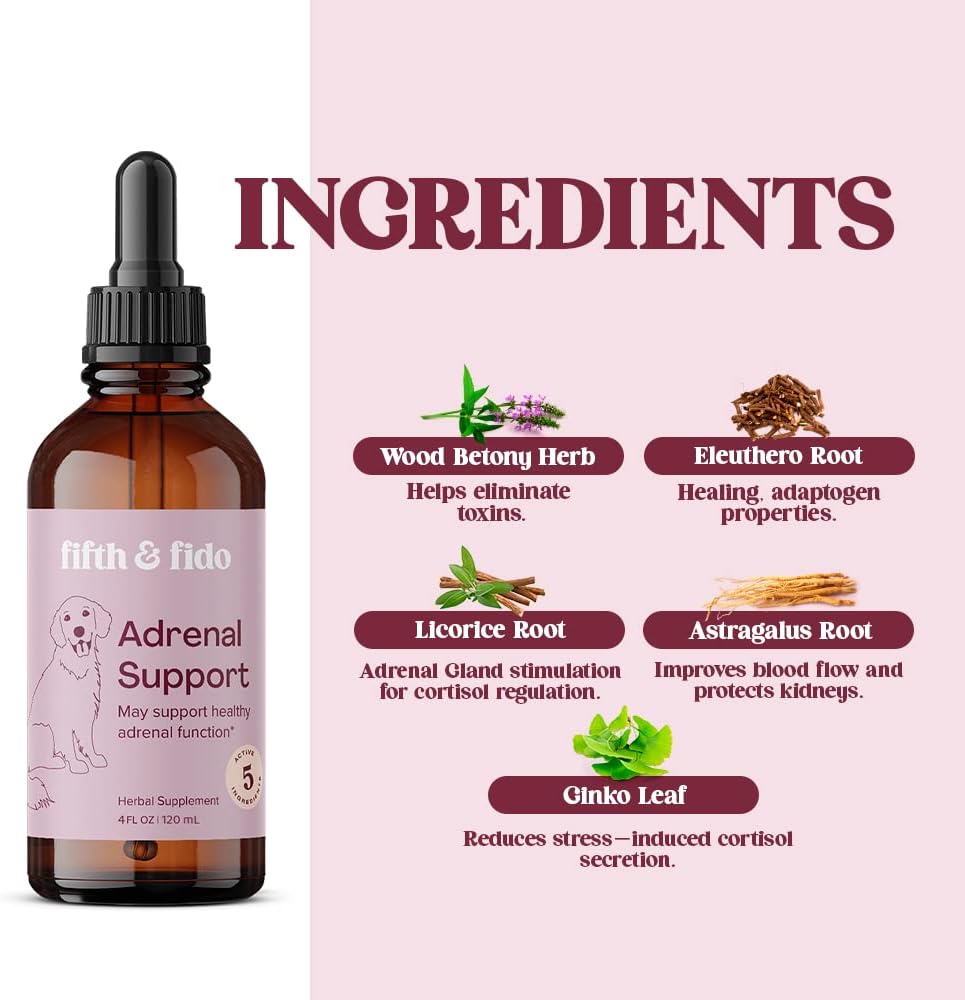 Herbal Liquid Drops for Dogs - Adrenal Support Supplement with 5 Active Ingredients - Promotes Healthy Adrenal Function - 4 fl oz