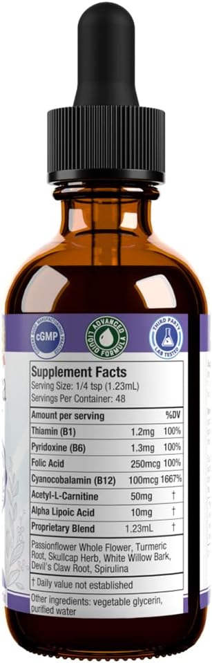 Herbal Liquid Nerve Health Supplement with Turmeric, White Willow Bark, B-Vitamins, and More - Fast-Absorbing Formula by Rejuvica Health