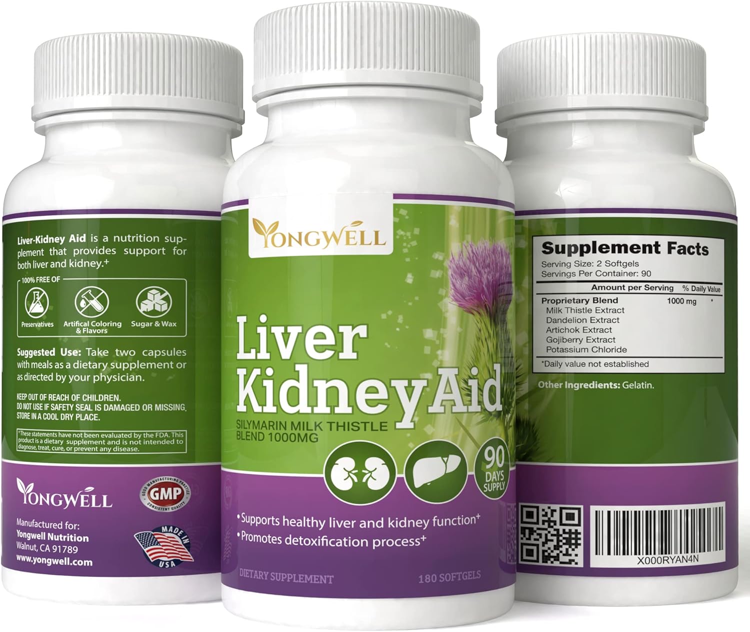 Herbal Liver Kidney Support Supplement - 90 Day Supply (180 Softgels) - Promotes Liver and Kidney Health with Green Nutrition