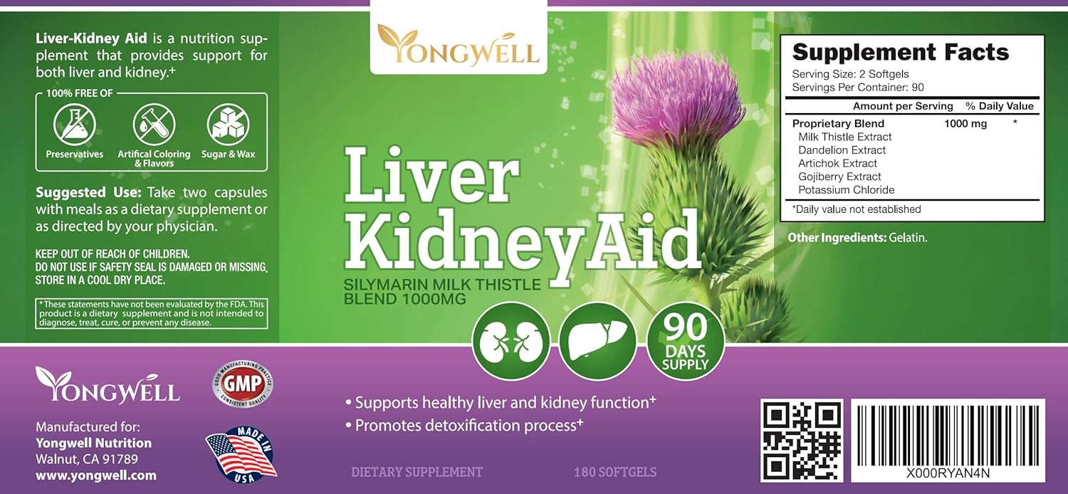 Herbal Liver Kidney Support Supplement - 90 Day Supply (180 Softgels) - Promotes Liver and Kidney Health with Green Nutrition