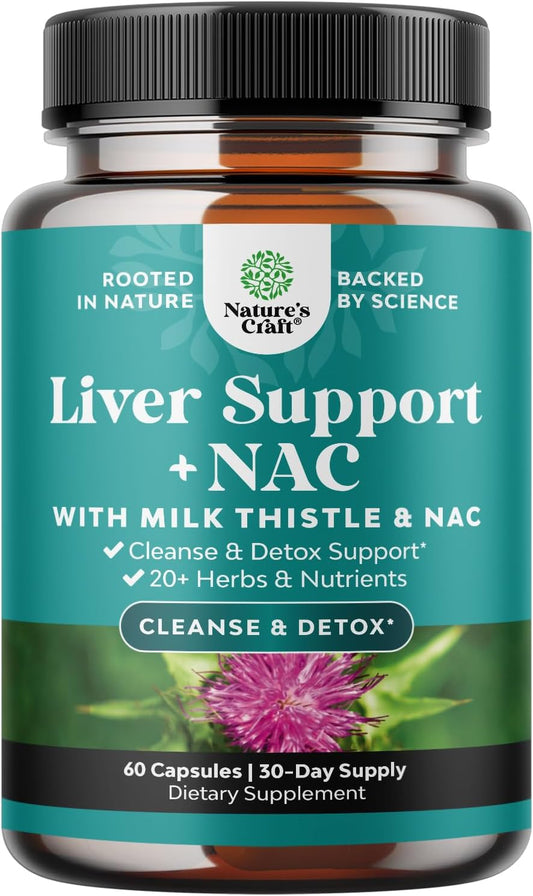 Herbal Liver Support Supplement with Milk Thistle, NAC, Artichoke - Cleanse, Detox & Repair - 60 Capsules