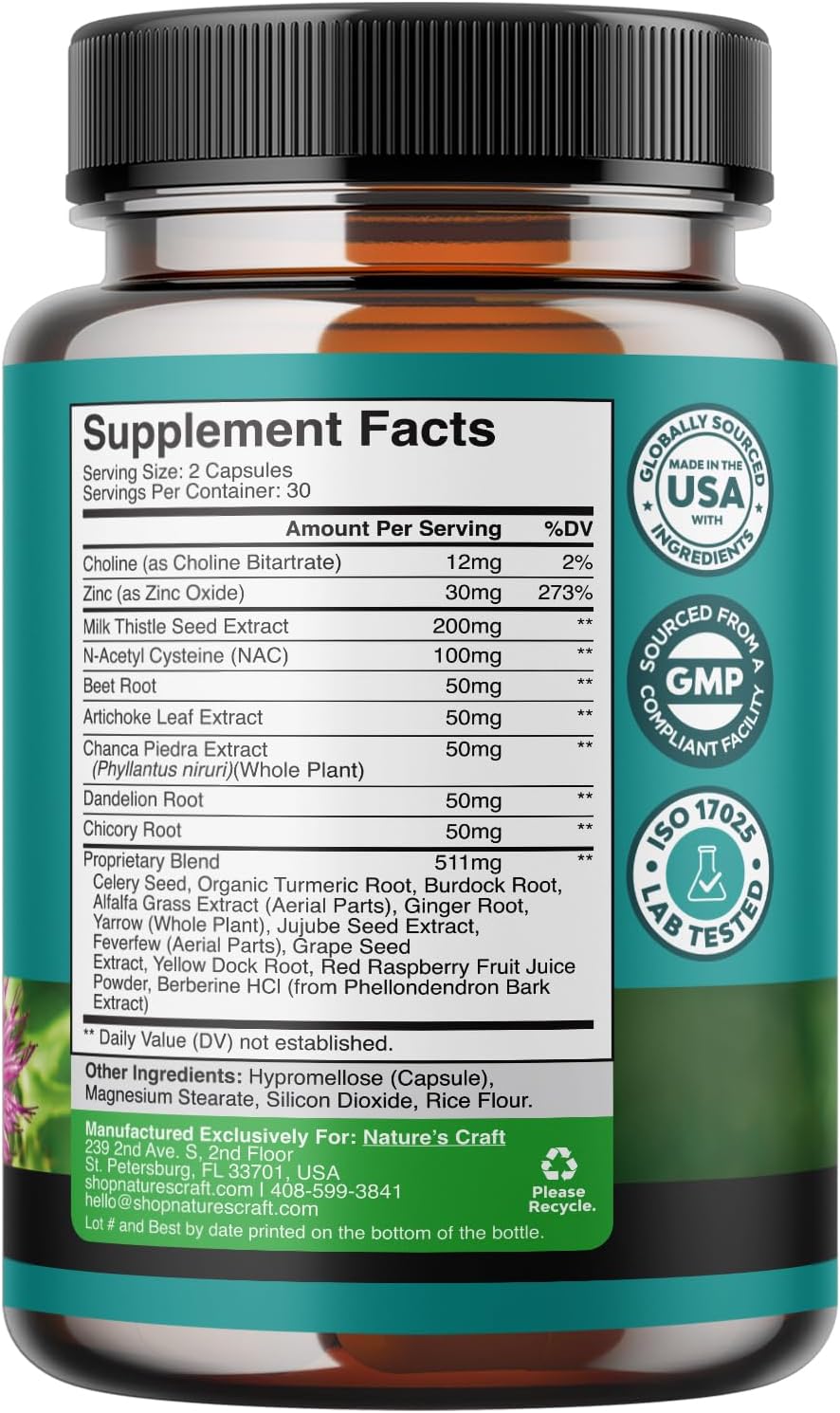 Herbal Liver Support Supplement with Milk Thistle, NAC, Artichoke - Cleanse, Detox & Repair - 60 Capsules