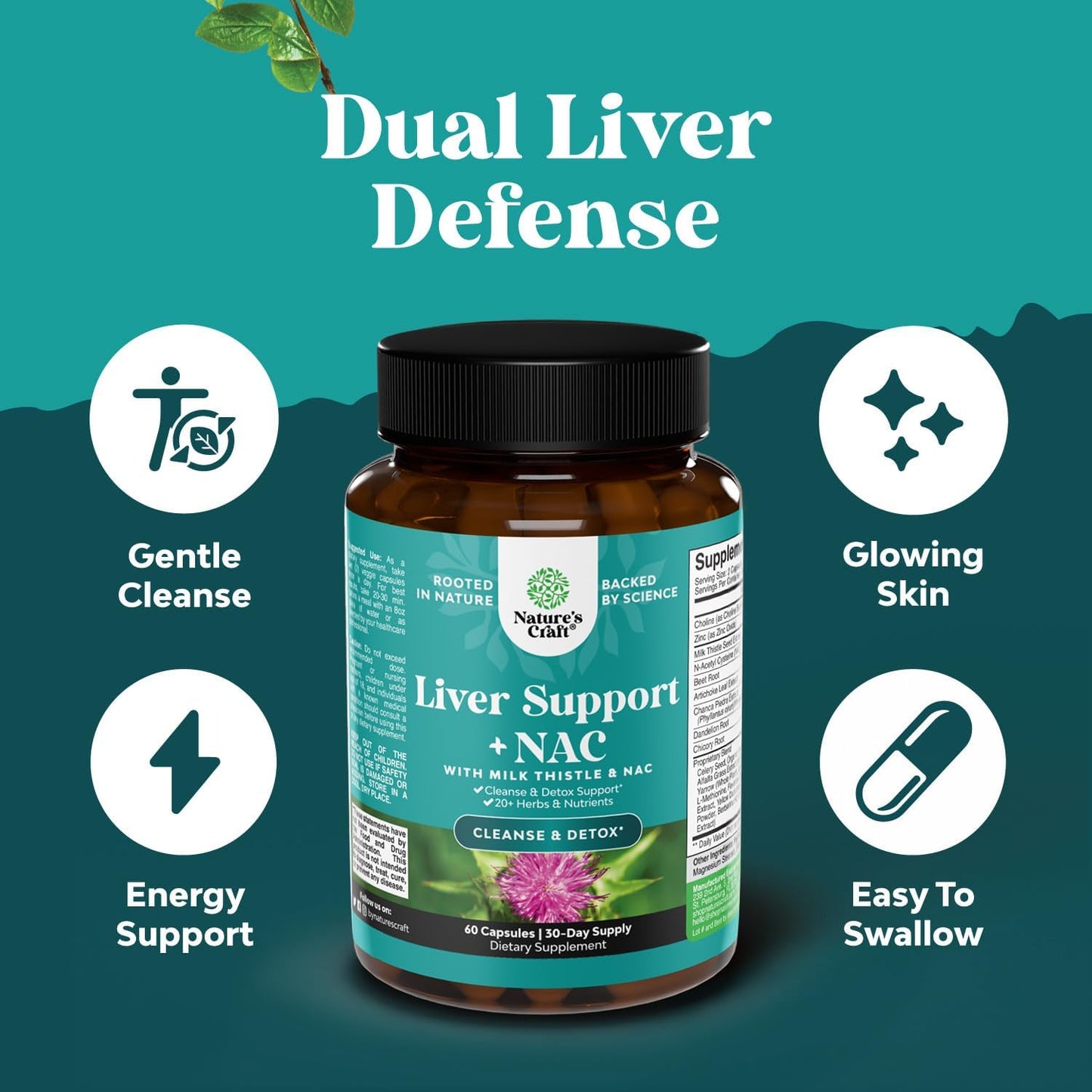 Herbal Liver Support Supplement with Milk Thistle, NAC, Artichoke - Cleanse, Detox & Repair - 60 Capsules