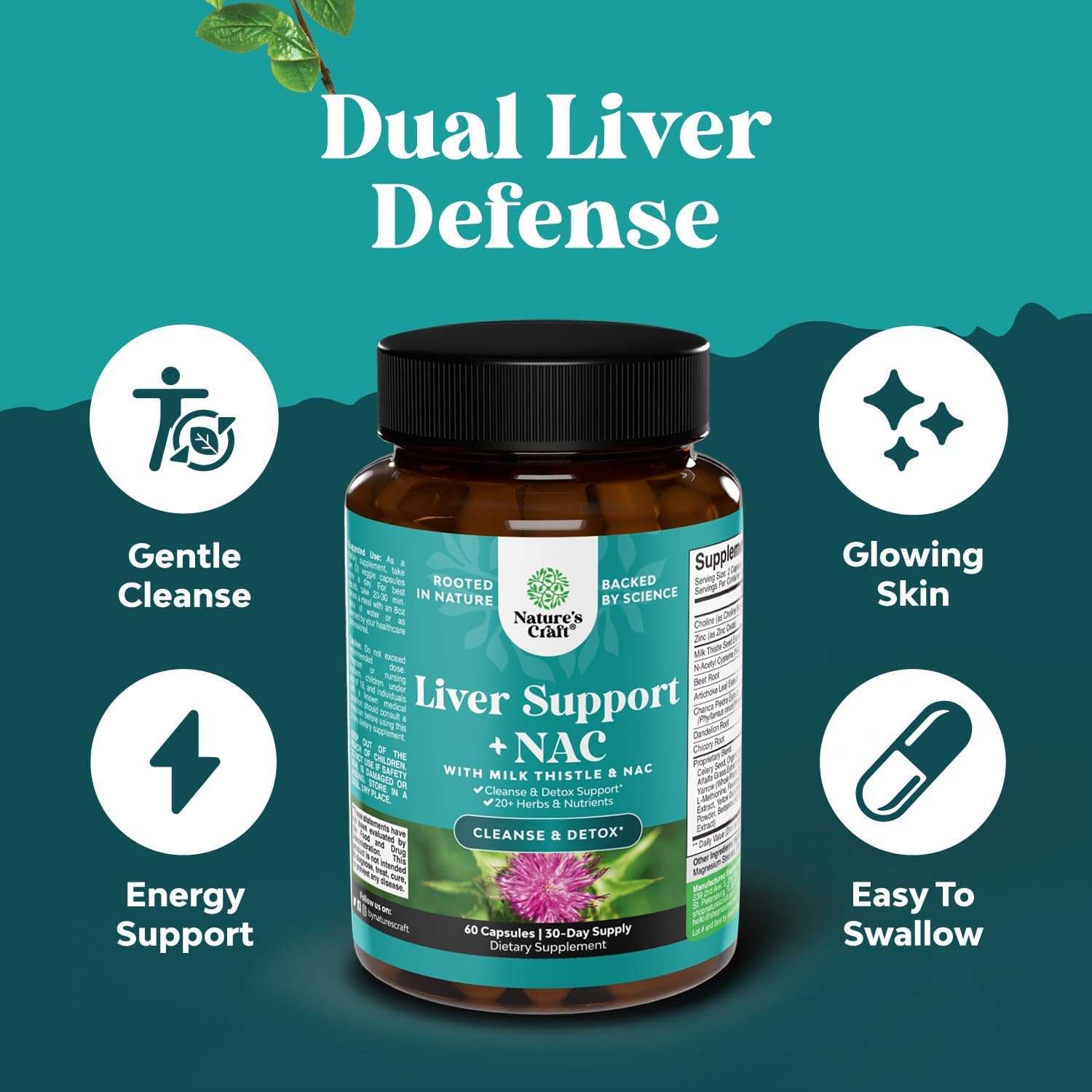 Herbal Liver Support Supplement with Milk Thistle, NAC, Artichoke - Cleanse, Detox & Repair - 60 Capsules