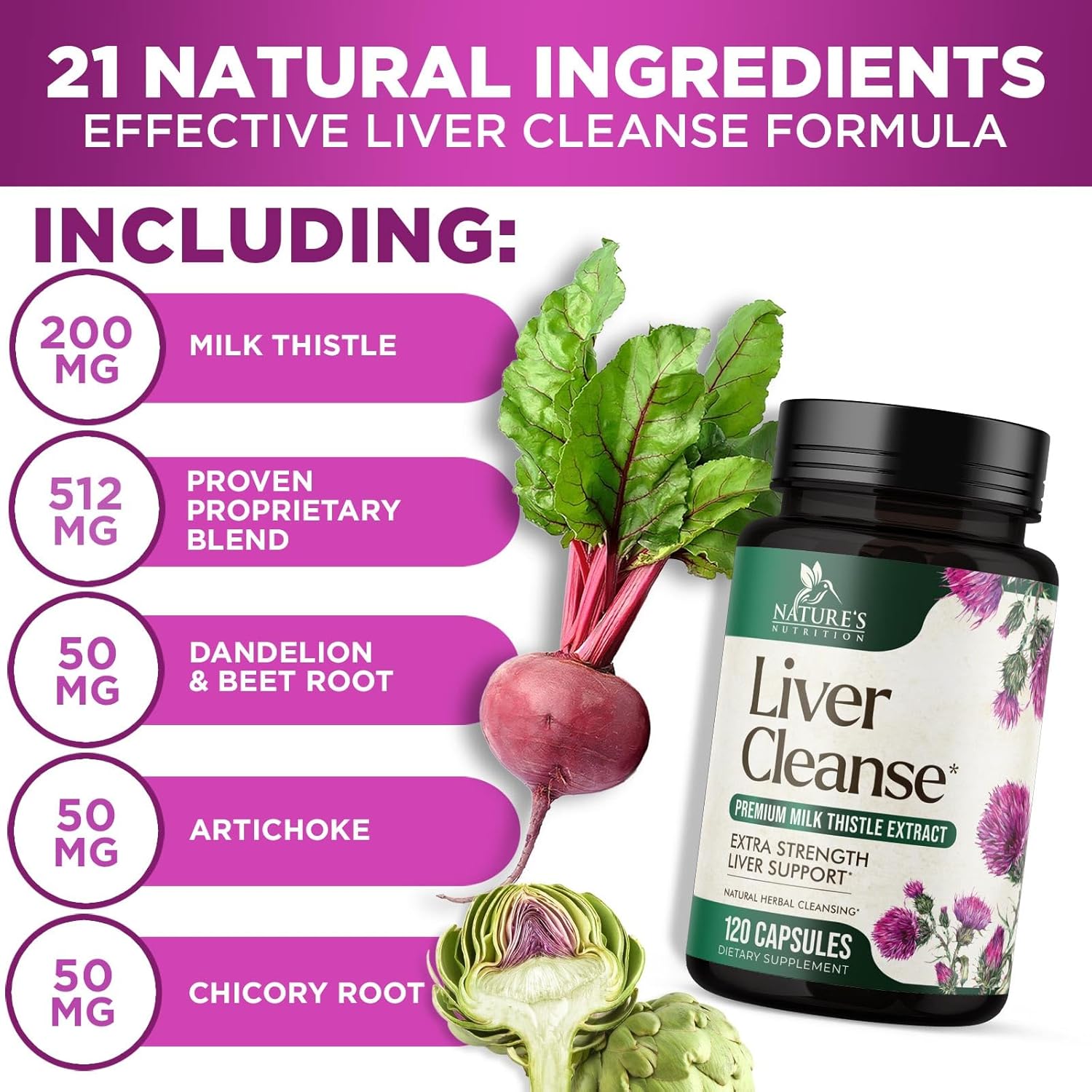 Herbal Liver Support Supplement with Milk Thistle, Artichoke, Dandelion & Turmeric - Liver Cleanse Detox Formula for Health - 120 Capsules