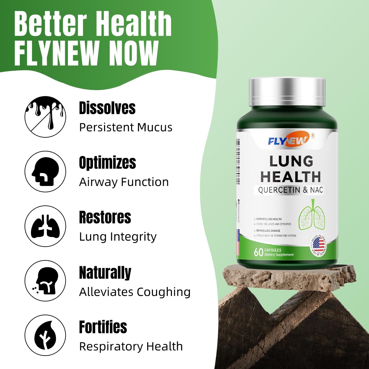 Herbal Lung Health Support with Quercetin, NAC, Vitamin C, Zinc - 60 Capsules, Made in USA