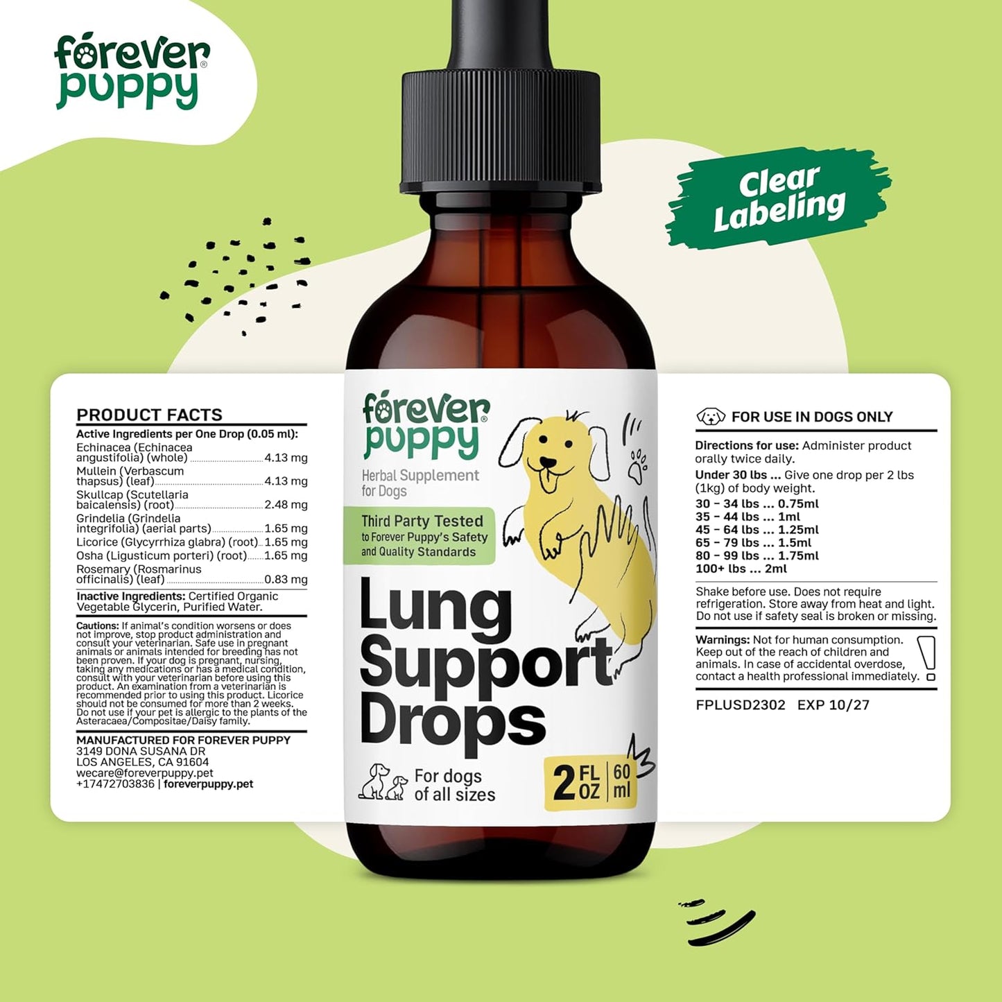 Herbal Lung Support Drops for Dogs - Mullein Leaf & Echinacea Extract - Sugar & Alcohol-Free - 2 fl oz