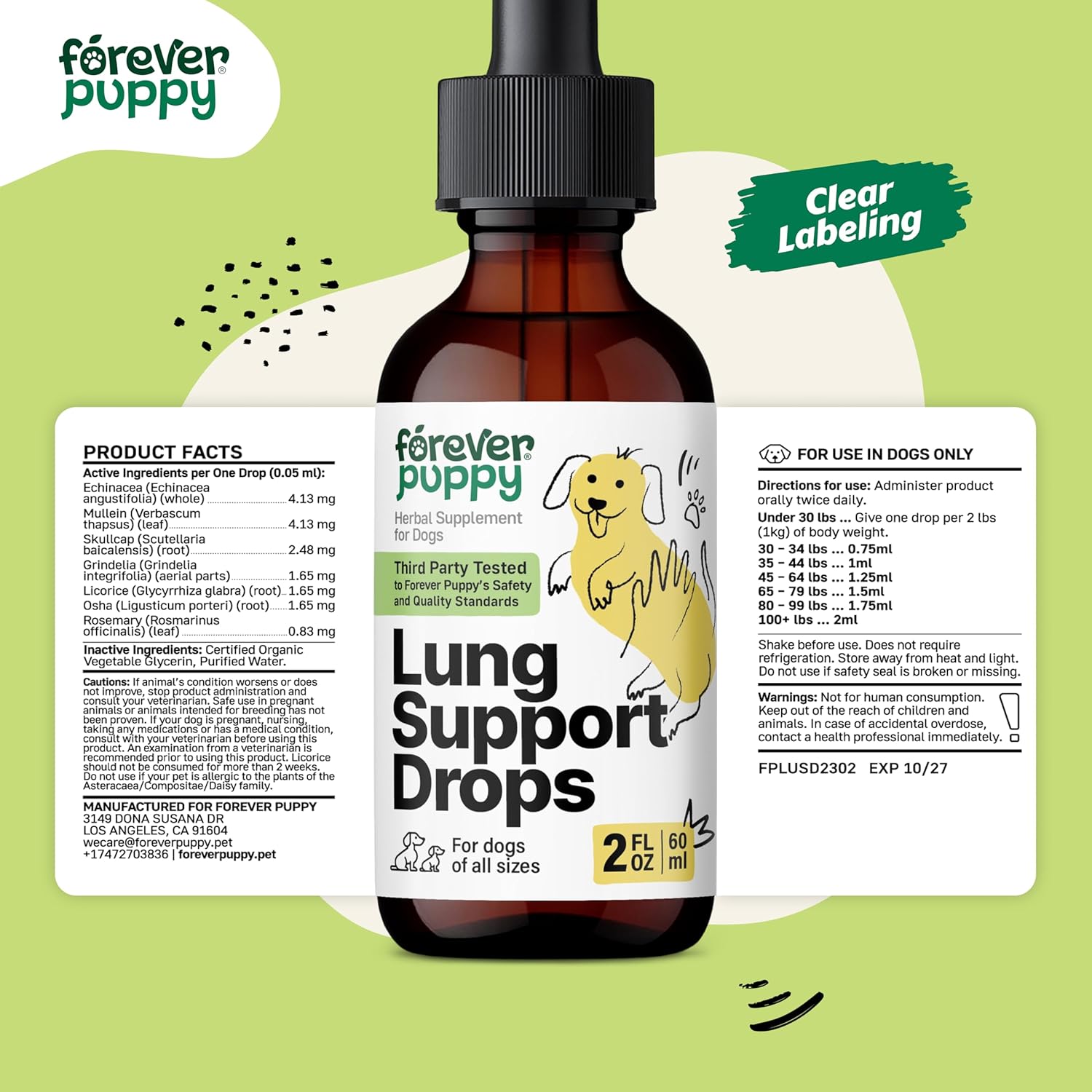 Herbal Lung Support Drops for Dogs - Mullein Leaf & Echinacea Extract - Sugar & Alcohol-Free - 2 fl oz