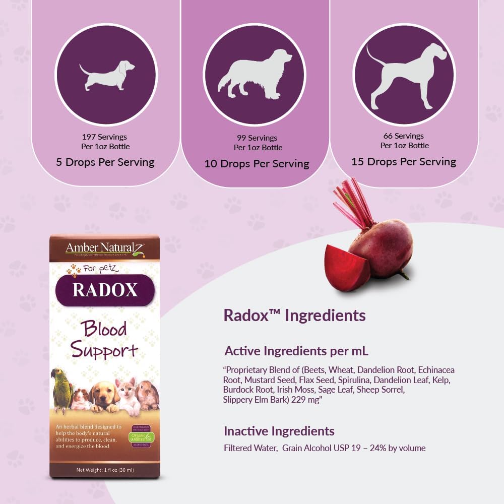 Herbal Pet Supplement for Circulation and Iron - AMBER NATURALZ Radox Blood Support Blend for Dogs, Cats, Birds, Guinea Pigs, and Rabbits - 1oz Bottle - USA Made