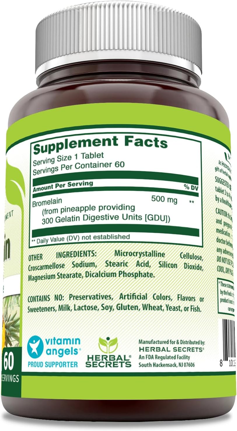 Herbal Secrets Bromelain 500mg Tablets - Non-GMO, Gluten-Free, Made in USA (60 Count)