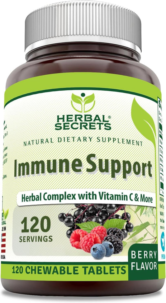 Herbal Secrets Immune Support Chewable Tablets - Berry Flavor with Vitamin C, Elderberry, Echinacea, Marshmallow & Mullein