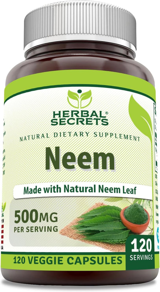 Herbal Secrets Neem Supplement 500mg 120 Veggie Capsules Non-GMO Gluten Free USA Made