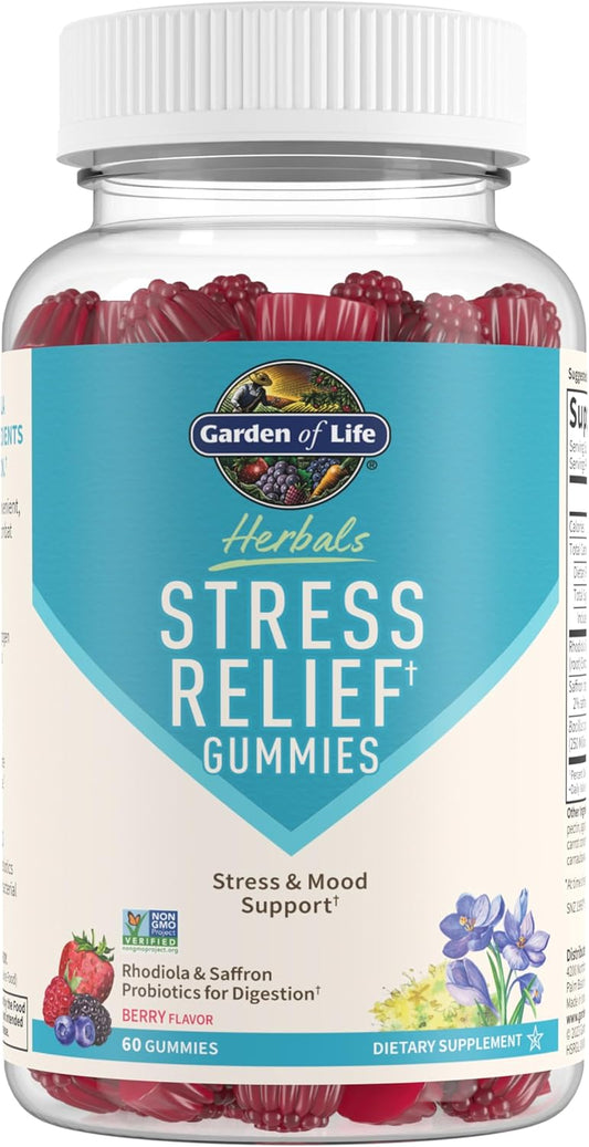 Herbal Stress Relief Gummies with Rhodiola & Saffron for Positive Mood, Prebiotics & Probiotics - Non-GMO, Gluten-Free, Kosher (30 Servings)