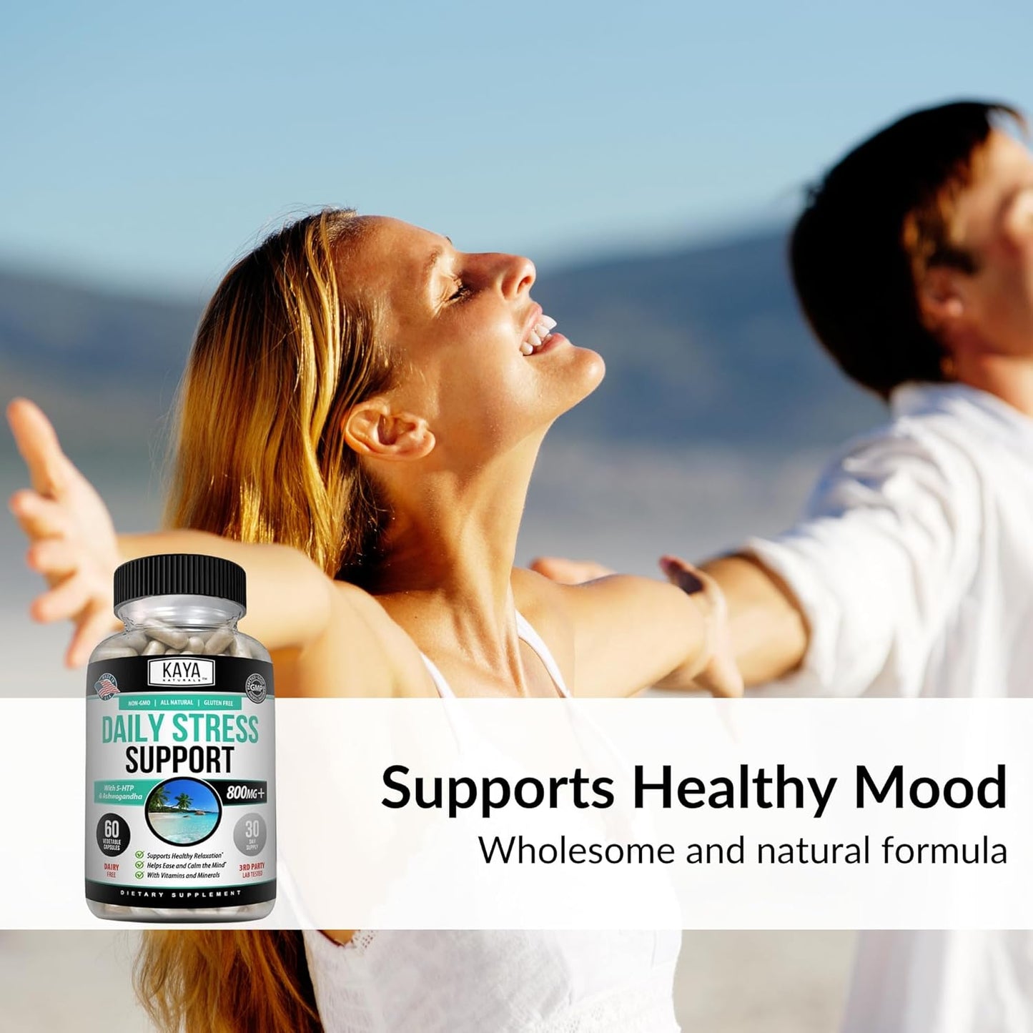 Herbal Stress Support Vitamin Supplement for Relaxation and Mood Boost - Natural Calm and Happiness Pills - 60 Capsules