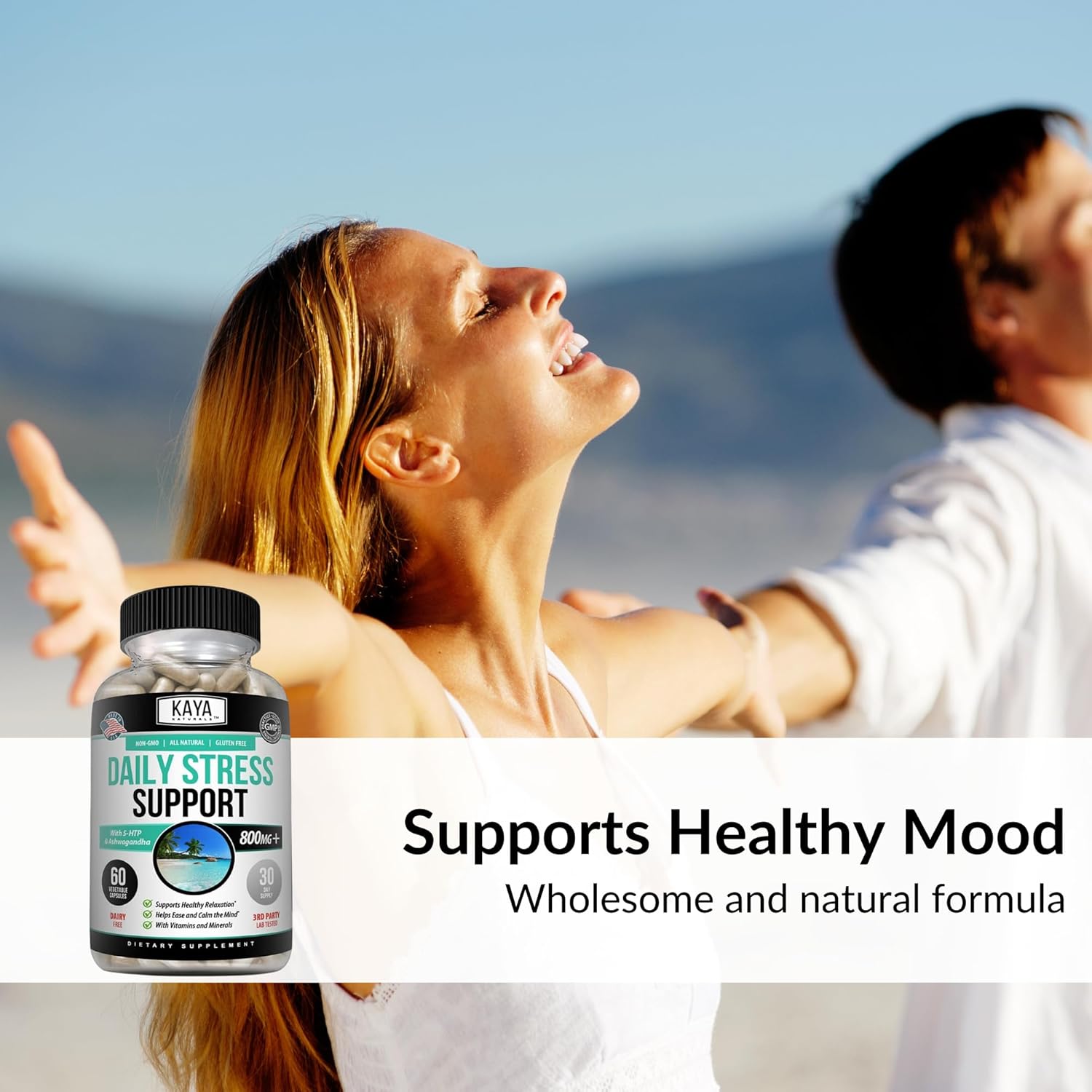 Herbal Stress Support Vitamin Supplement for Relaxation and Mood Boost - Natural Calm and Happiness Pills - 60 Capsules
