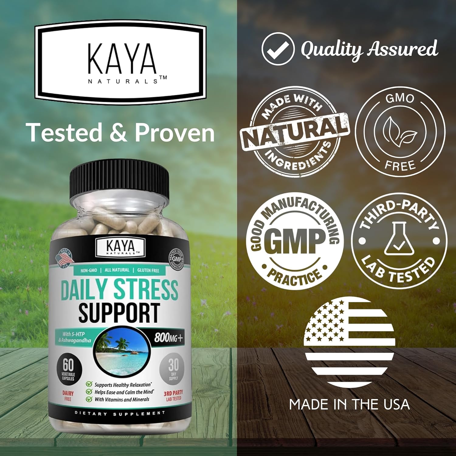 Herbal Stress Support Vitamin Supplement for Relaxation and Mood Boost - Natural Calm and Happiness Pills - 60 Capsules