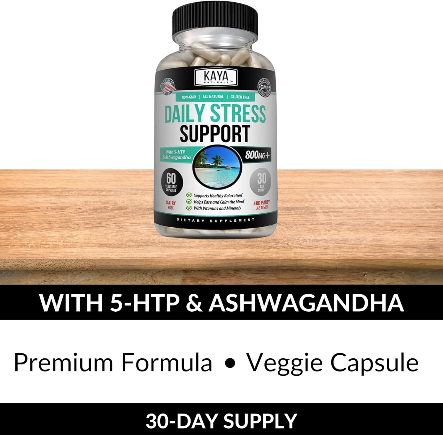 Herbal Stress Support Vitamin Supplement for Relaxation and Mood Boost - Natural Calm and Happiness Pills - 60 Capsules