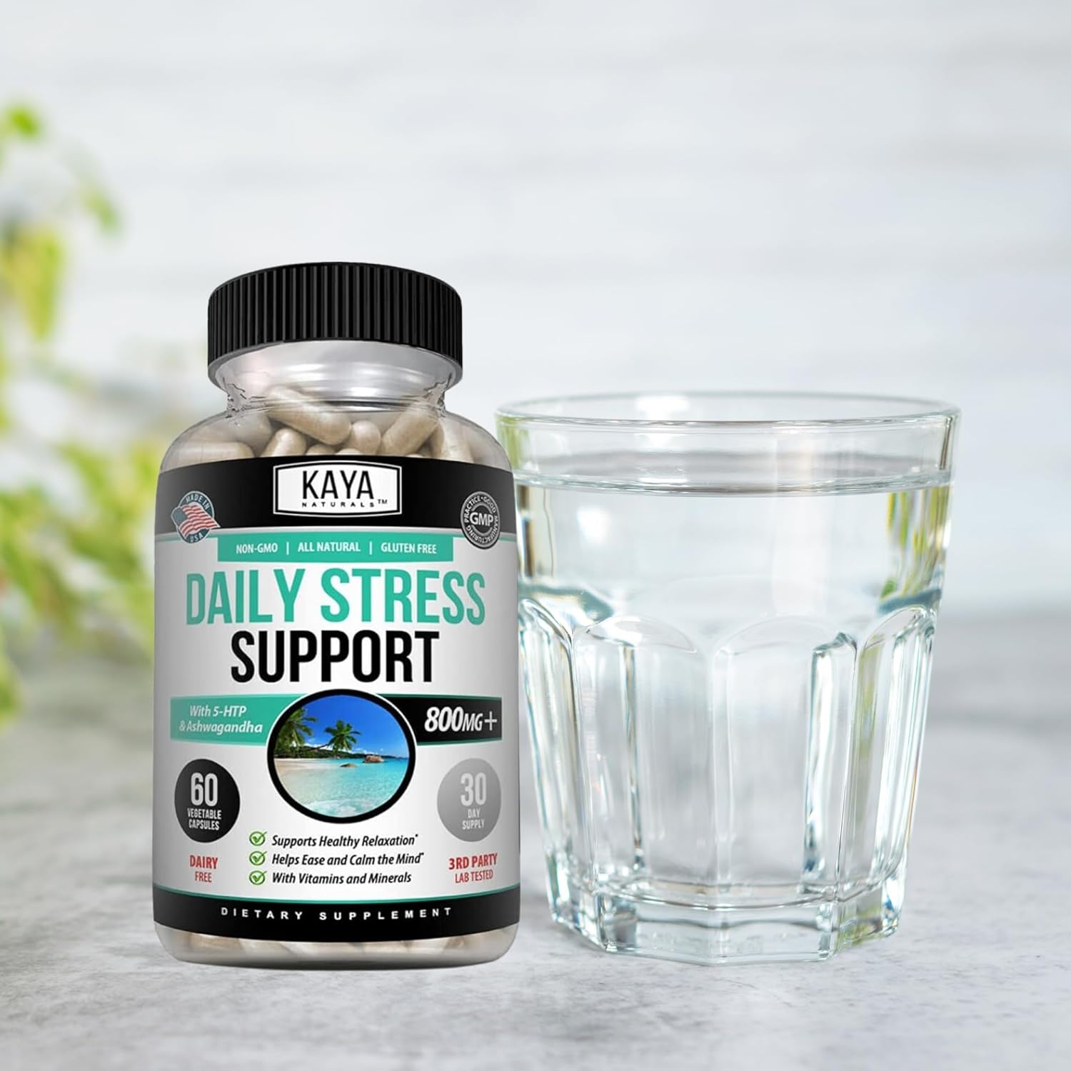 Herbal Stress Support Vitamin Supplement for Relaxation and Mood Boost - Natural Calm and Happiness Pills - 60 Capsules