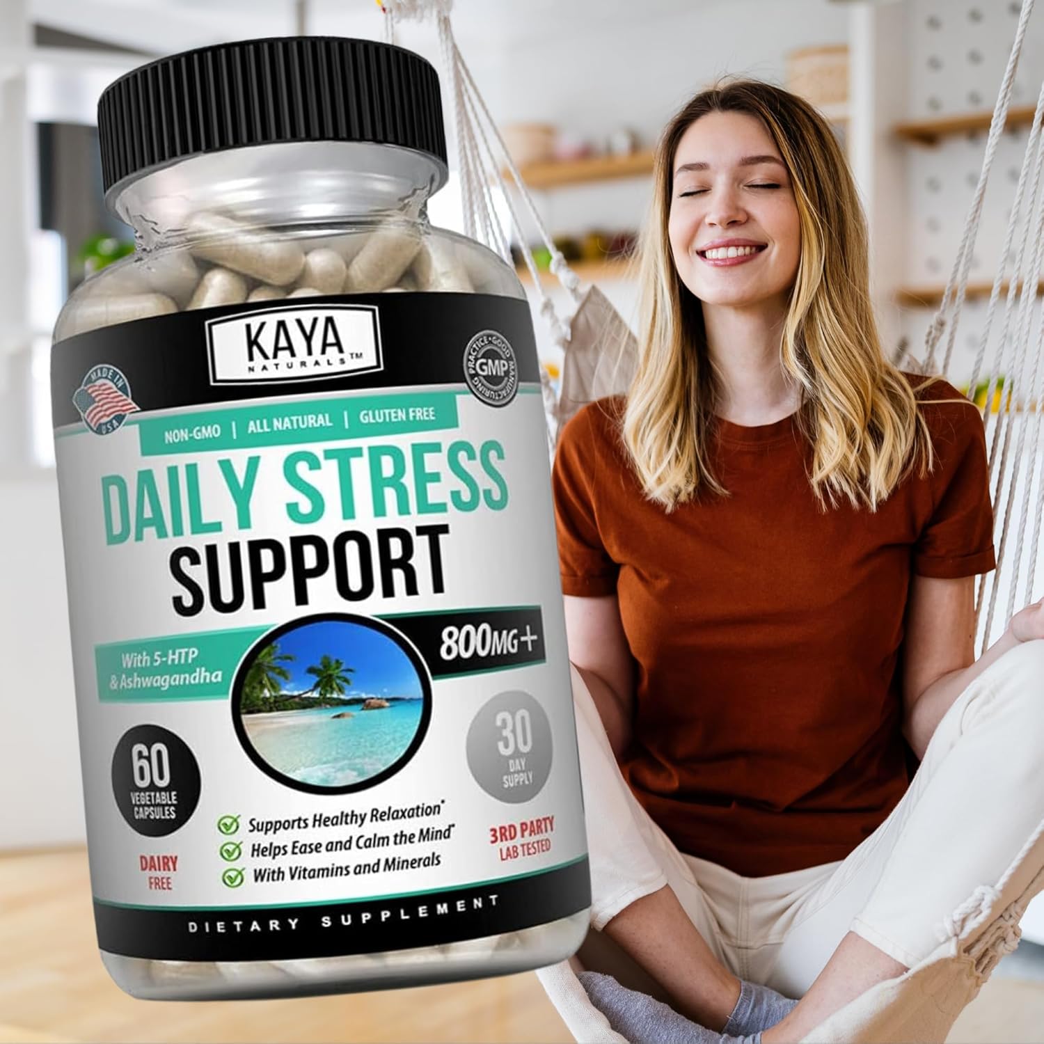 Herbal Stress Support Vitamin Supplement for Relaxation and Mood Boost - Natural Calm and Happiness Pills - 60 Capsules