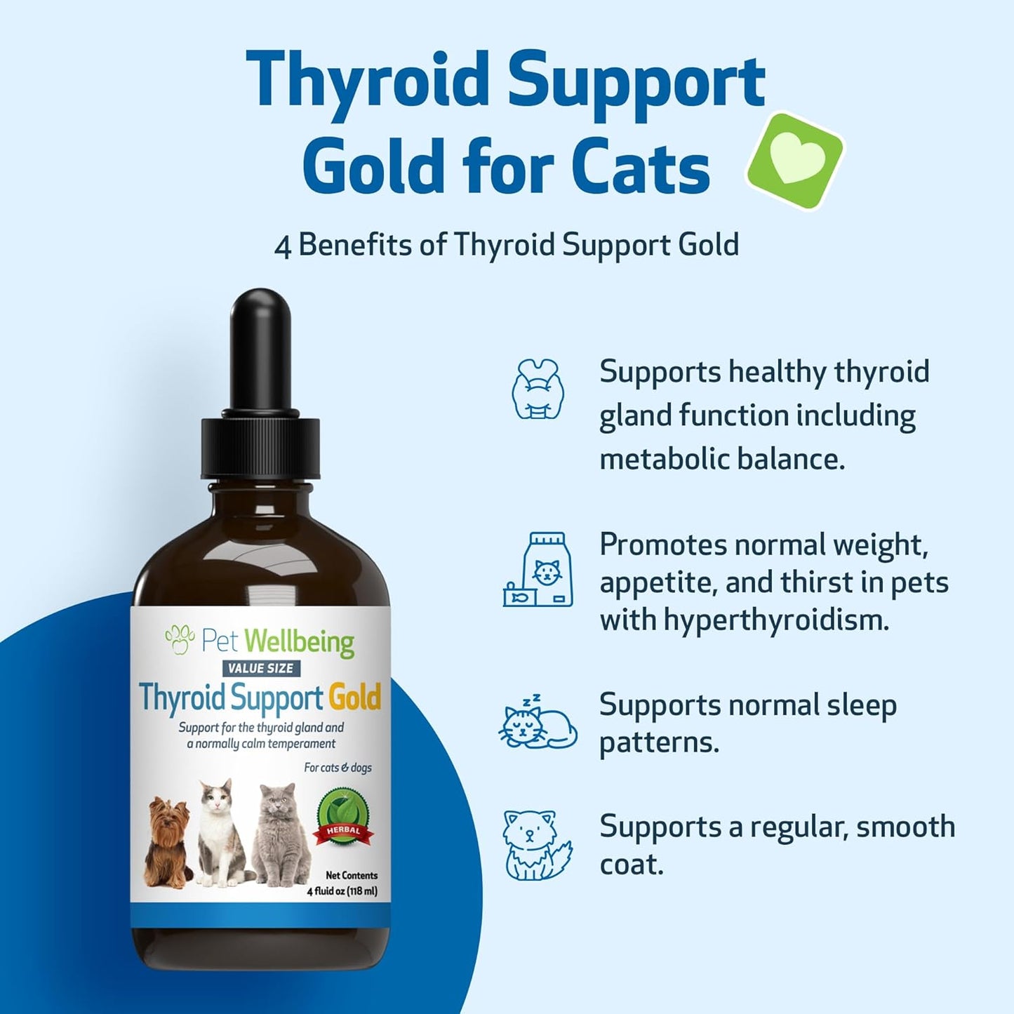 Herbal Supplement for Cats: Thyroid Support Gold - Promotes Healthy Thyroid Function, Metabolism - Bugleweed, Lemon Balm - 4 fl oz