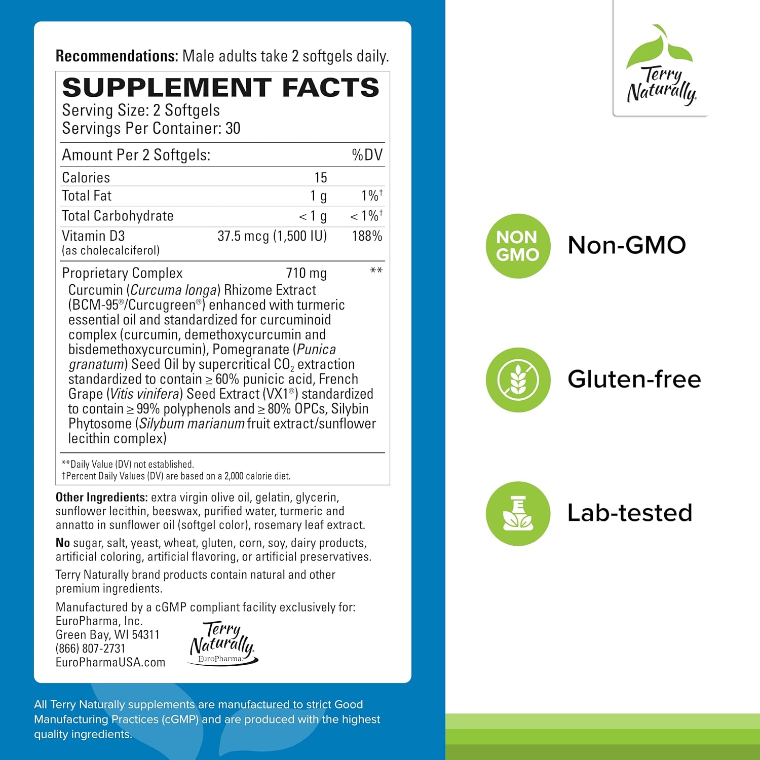 Herbal Supplement for Hormone Balance & Prostate Health - Curcumin, Turmeric Oil, Grape Seed Extract - 60 Softgels