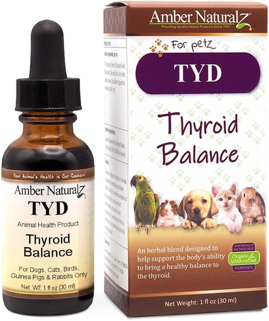 Herbal Supplement for Thyroid Health in Pets | Amber NaturalZ TYD Thyroid Balance | 1oz Glass Bottle | Made in USA